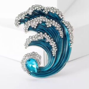 Blue Ocean Wave Brooch – Crystal Rhinestone Sea Wave Pin, Nautical Statement
